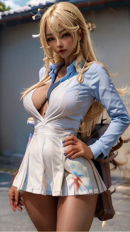 (best quality, master part:1. 2), ultra detali, beautiful sweet woman, Ana, frozen, upperbody, facing the front, Looking at Viewer, blonde hair, wearing high collar shirt, shirt button all came off, cleaveage, hinterland, voluptuous body, wide hip, matured body, breasts small, へそ, perfects eyes, very beautiful, pale skin, (Caucasian top with open girdlehard nipples), (no bra), (shaved , crotch)