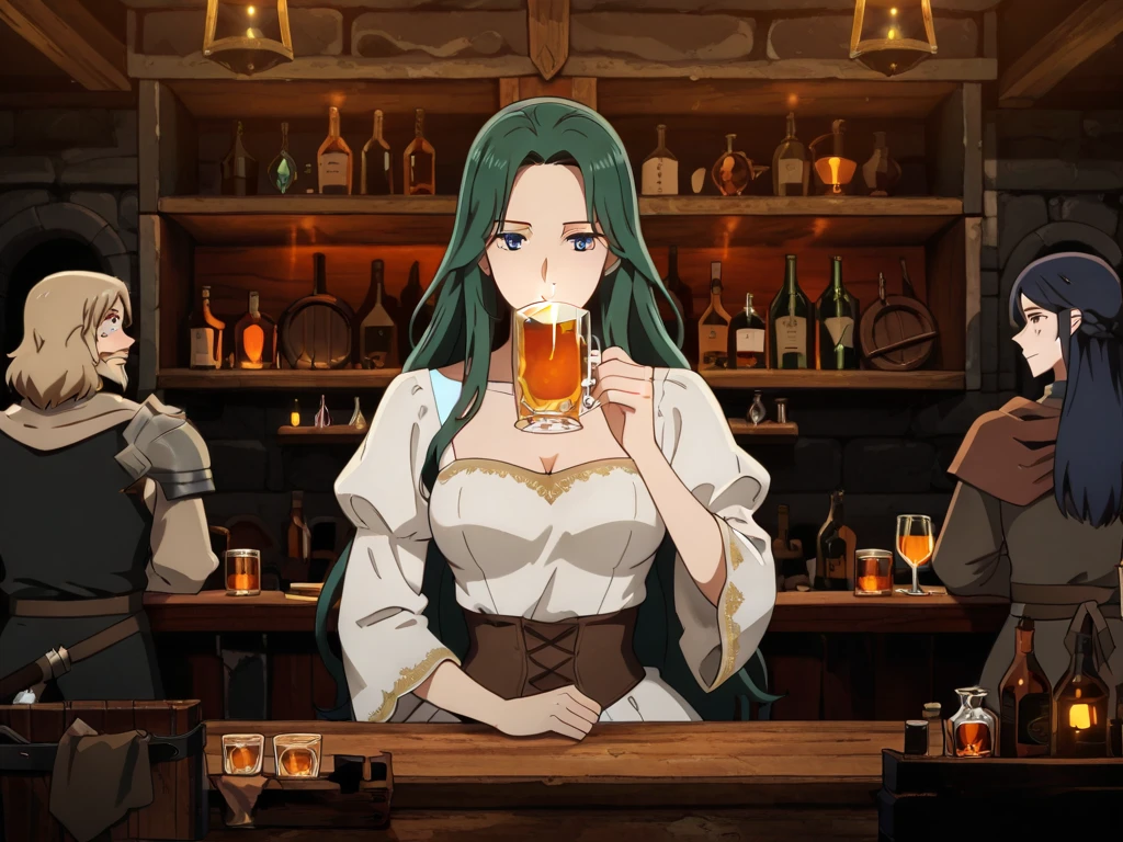 A beautiful woman is sitting and having fun, a beautiful woman with long gray hair, a lively bar, anime, heartwarming, medieval, bard, epic,