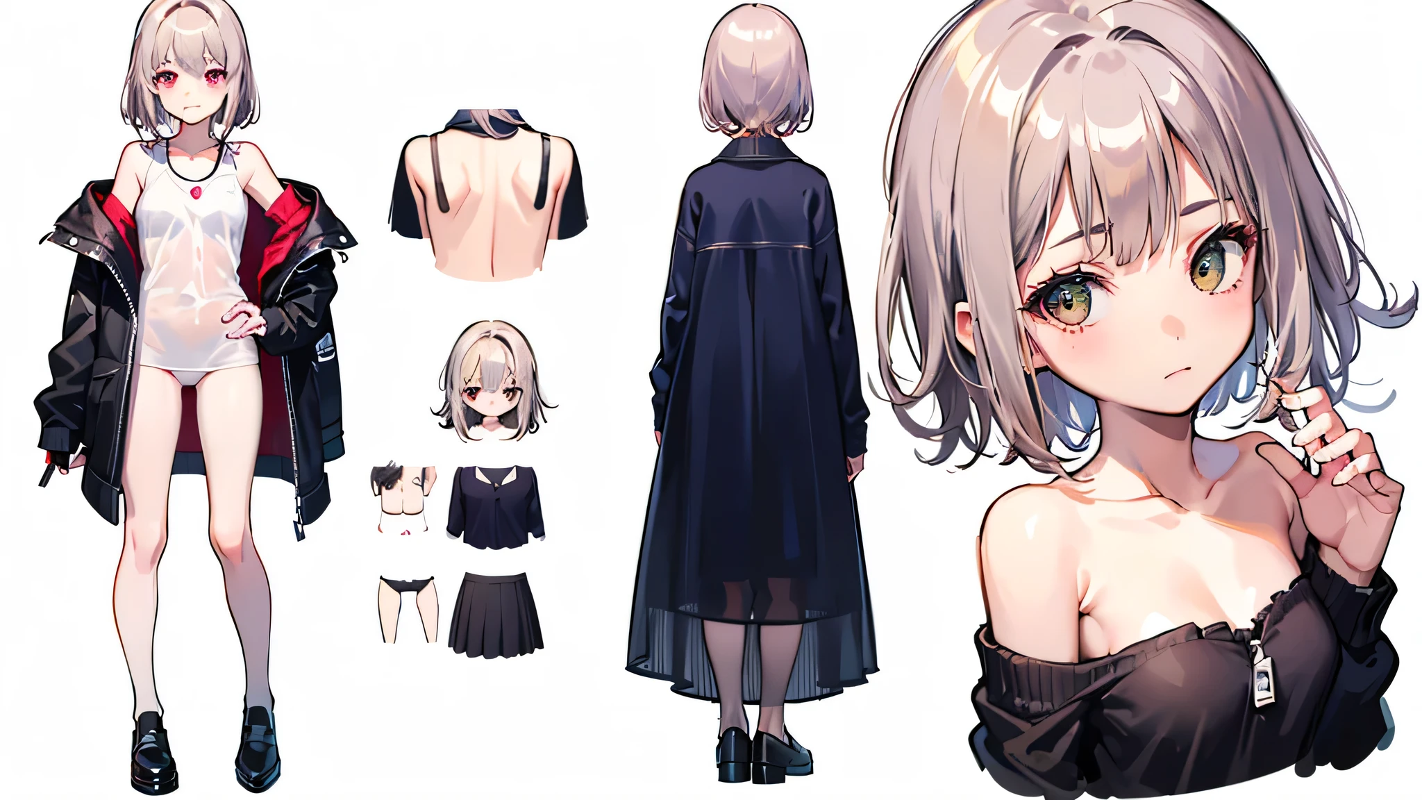 (Same character, front, side, back), (full body), (((multiple views of the same character))), simple background! , White hair, Bob Hair, teens girl, clean big breasts, blue and red eyes, underwear, bra, panties,
