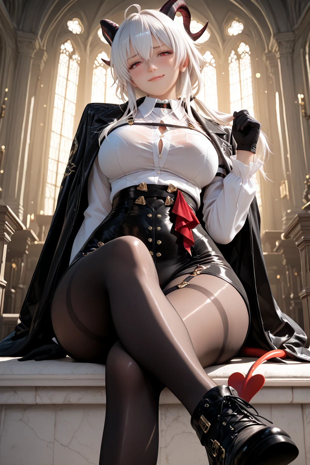 Masterpiece, highest quality, elf girl, breasts, huge, double tail, silver hair, gothic clothes exposed panties, tights, high heels, vintage gothic, heart-shaped pose, dark place, church, cute,