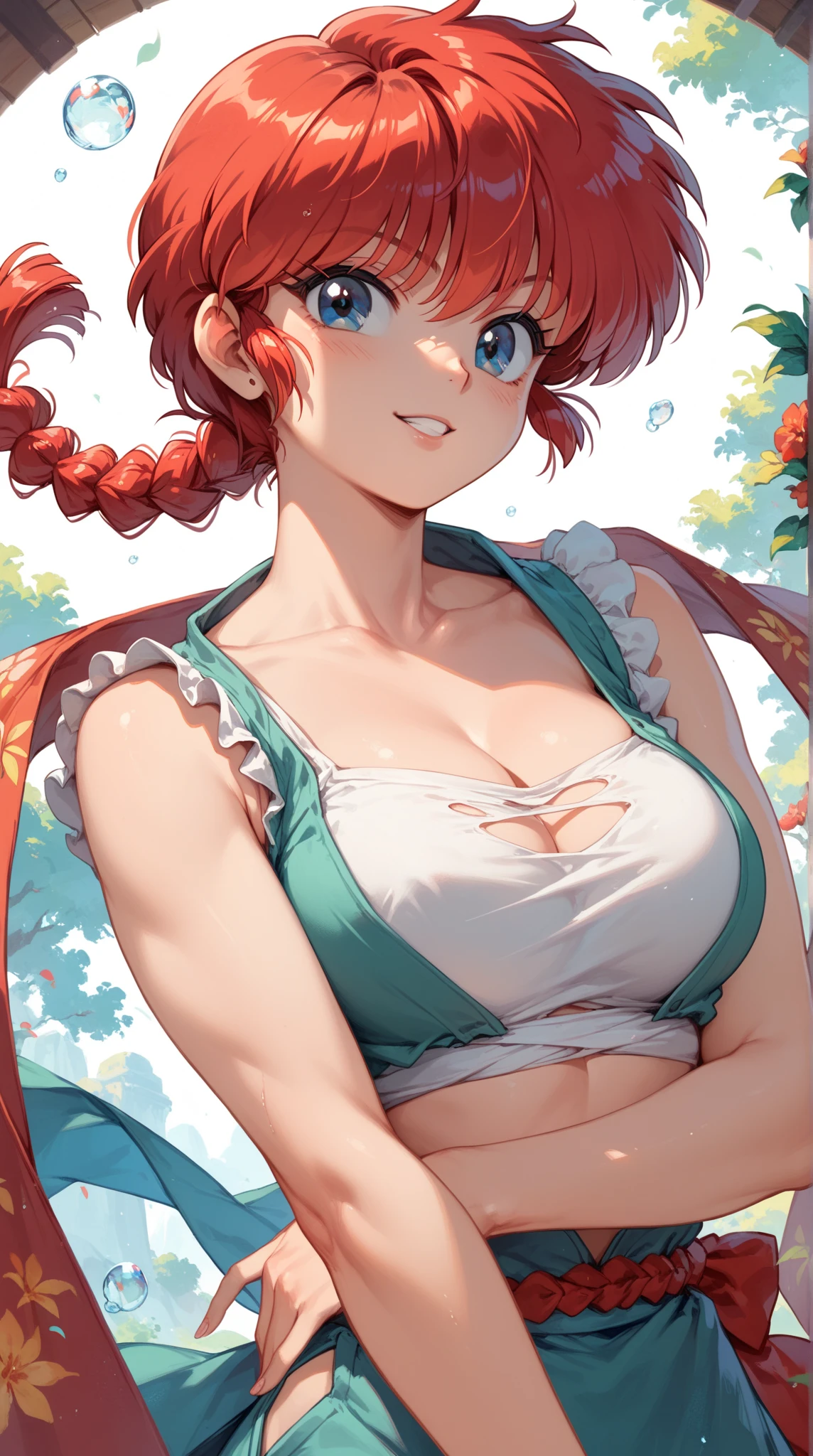 Masterpiece, beautiful, facial details, 8k wallpaper, Maki Nishikino Love Live, red hair, purple eyes, summer dress, detailed hair strands,big breasts