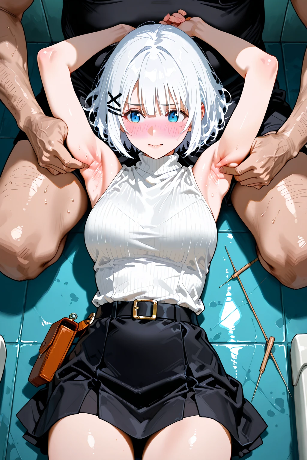 ((Highest quality)), ((masterpiece)), (detailed), One girl, Estrus,Big Tits,
Pink eyes,White Hair,Short Bob,Shaggy hair,
Black Bikini,Thigh-high socks,Sweating profusely,Water Drop,Sigh,
toilet,
