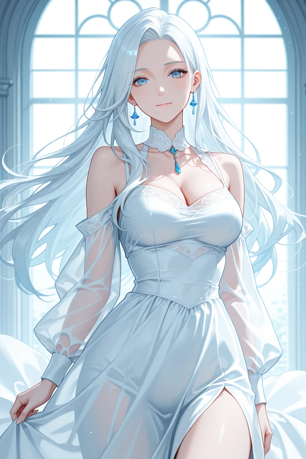 Woman1,round face,blue eyes,white hair,double bun hairstyle,Legendary Hero, Legendary Witch, Crystal Decorative White Mini Dress, Top Sleeved Dress, Big White Crystal Hold Her Hand,Very details CG, module, 8K wallpapers, top quality, high precision, beautiful lighting, realistic shade, high precision, detailed skin, very detailed, faces and detailed eyes, realistic eyes, cowboy shot