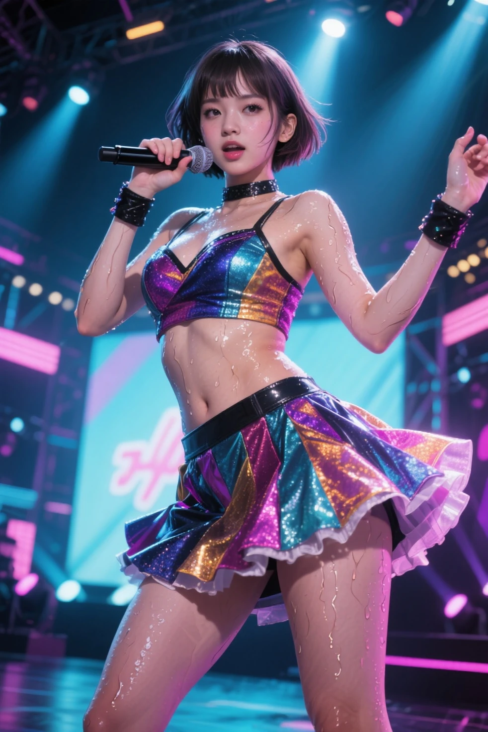 (belly), (crop top look), 18 years old, Japanese female, idol, whole body, fantasy image, concert, singing while dancing, standing, gypsophila, neat, front, glitter, Rainbow colors, short hair, hair blowing in the wind, slender, cute, see-through, floral costume, pastel lighting, confetti, miniskirt, big breasts, expose breast, more_details:-1, more_details:0, more_details:0.5, more_details:1, more_details:1.5,photorealism, highly detailed, incredibly absurdres, ultra detailed, high resolution, realistic lighting, photorealism, hyperrealism,masterpiece,vibrant colors,stunning visuals,ultra skin texsture,stable diffusion,perfect anatomy,crazy details