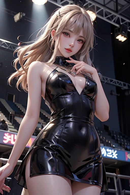  1Women, early 20s, fashion model, short silky pink hair, gold armlet, gold bracelet, golden eyes, happy, satisfied smile,  golden cross necklace, shiny skin,  Big breast, jewellery, wet, Tattoo. Sweating, tattooed. Sweat, sweaty,  fashion dress, Tattoos. Long gloves, legring. Audience, fashion show, stage, crowd, bystanders, watching, money, dollars, bills, nightclub, in public.  everybody watching, party, in between crowd, Looking at camera.