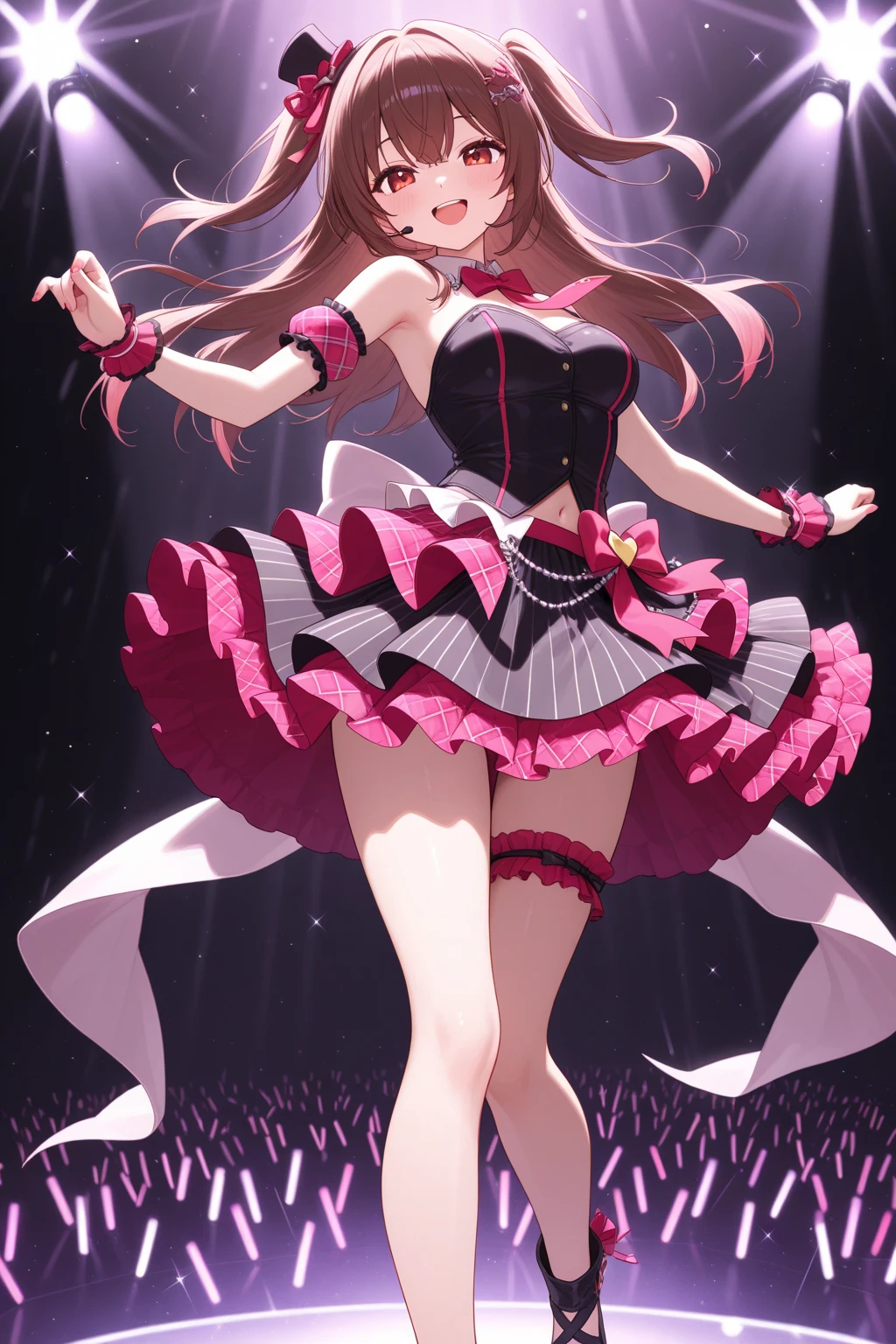 full body, dark-skinned female:1.3, mature female:1.3, long eyelashes, lips, looking back, looking at viewer, from behind, masterpiece, best quality, 1girl, solo, standing, pink tutu, stage:1.3, ribbon-trimmed tutu, pink pantyhose <lora:Tutu-000020:0.75>