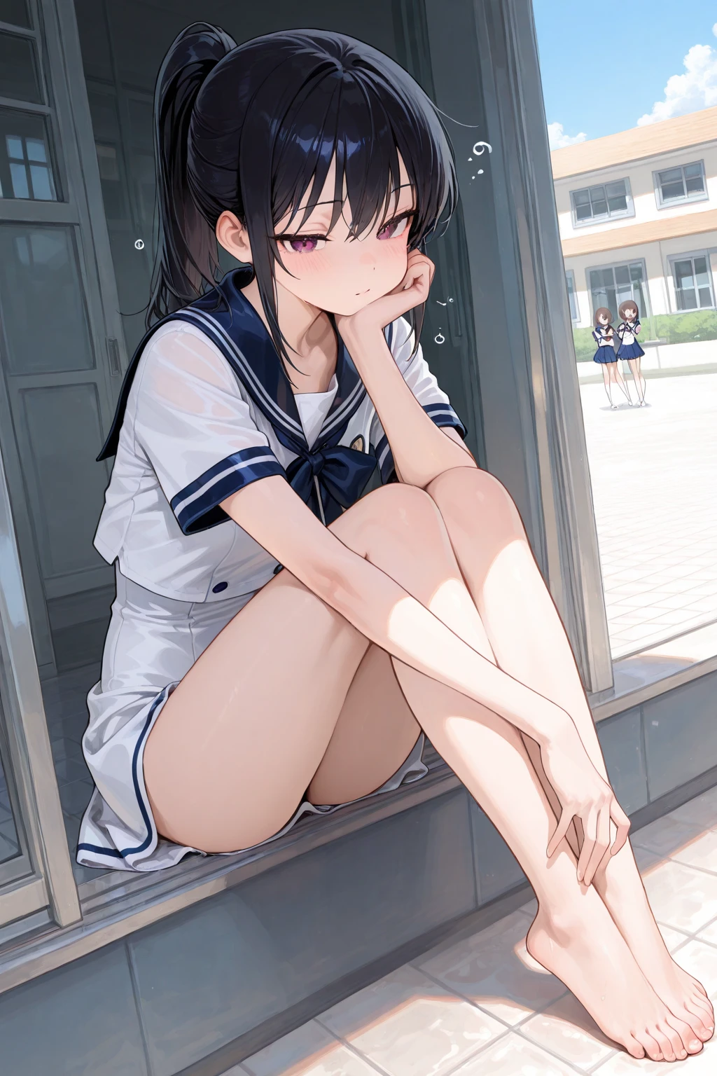 ((top-quality))、((​masterpiece))、1girl in、Formal-up、beautiful detailed eyes and face、pretty skin、a very cute、22year old、School swim wear(darkblue、Simple design、Matte texture、Wrinkle、Polyester material、Nero、shadings、)Wet body、Anime Face、Beautie、Facing the front、big eye(Beautiful fece、Anime Face、Clear eyes、Fine details、Beautiful eyes)Well-formed face(Beautiful nasal muscles、Perplexed、sharp mouth)full of sweat、sodden、Wet feeling、Background with(sunny sky、takeout)、8K picture quality、perfectly proportions、A slender、red blush、female focus on,  hair adornments,length hair, Look at viewers,