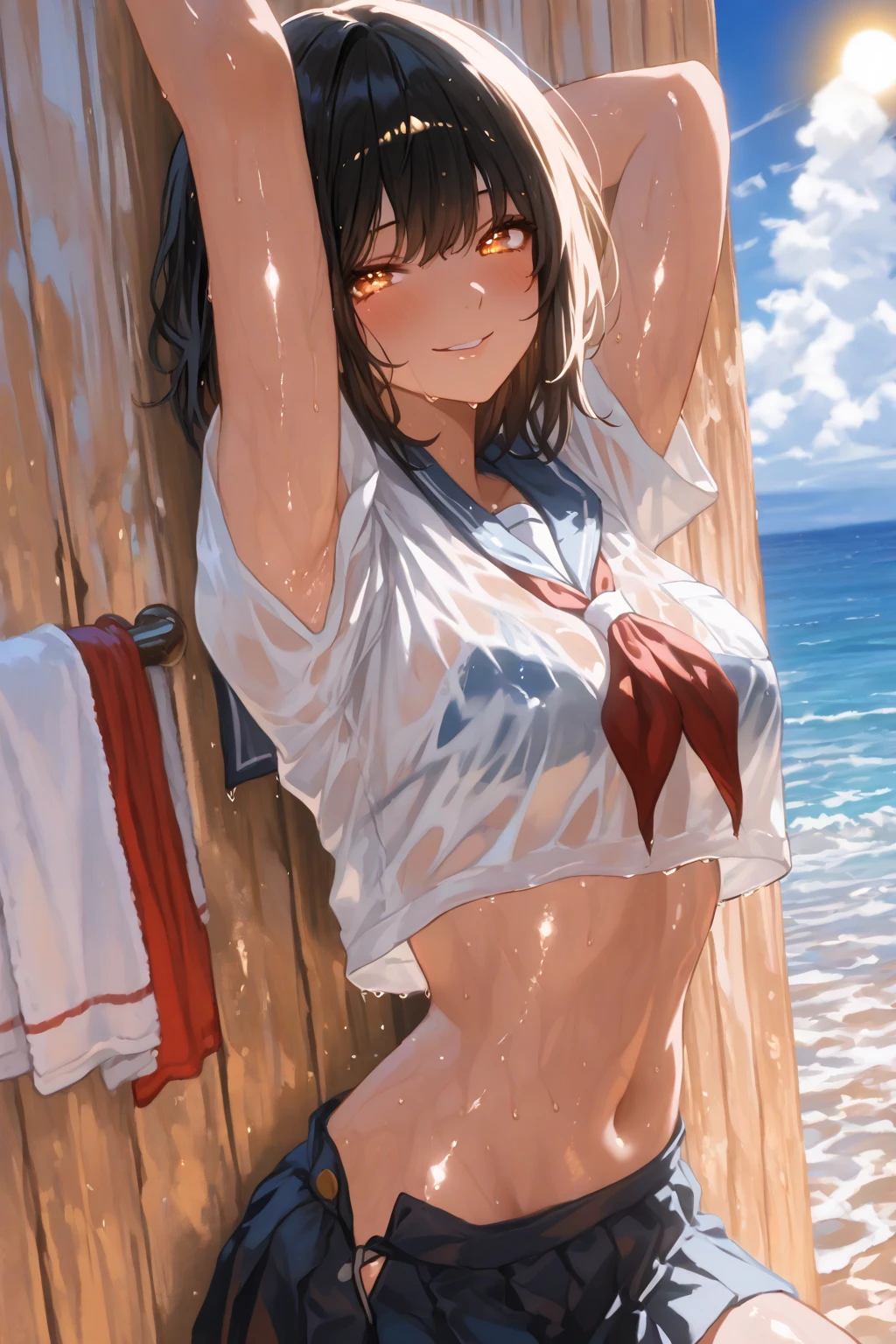 masterpiece, Highest quality,Super detailed,One girl,  Ikazuchi_Kantai Collectrion-Kancolle-,smile, (panties), Wet clothes, Nipples, ,((Flat Chest, Small breasts, flat chest)), show off panties