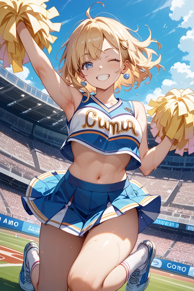 Cheerleader,One girl,cute,A big smile,Mouth wide open,I'm rooting for you,Twin tails,Two Side Up,hair_Money,eye_green,Costume_green,blush,Cheerleader pom-poms in hand