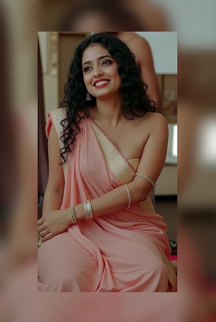 extreme close up photo of fatty belly sexy Kiara advani belly fat, fatty stomach , curvy, hourglass figure, natural breasts, deep cleavage, open arms, sexy armpits, in her bedroom, ponytail, necklace, see through strapless pink saree , look at viewer and subtle smile, (cinematic:1.3), intricate details, (ArtStation:1.2)