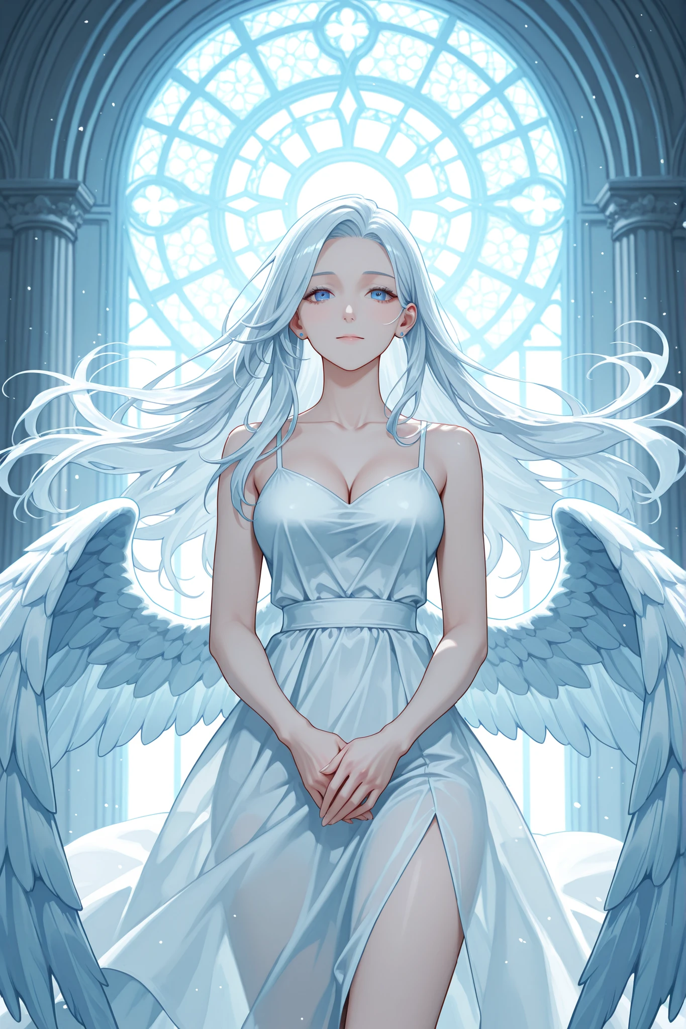 A girl with long white hair and blue eyes and a white dress and big angel wings 