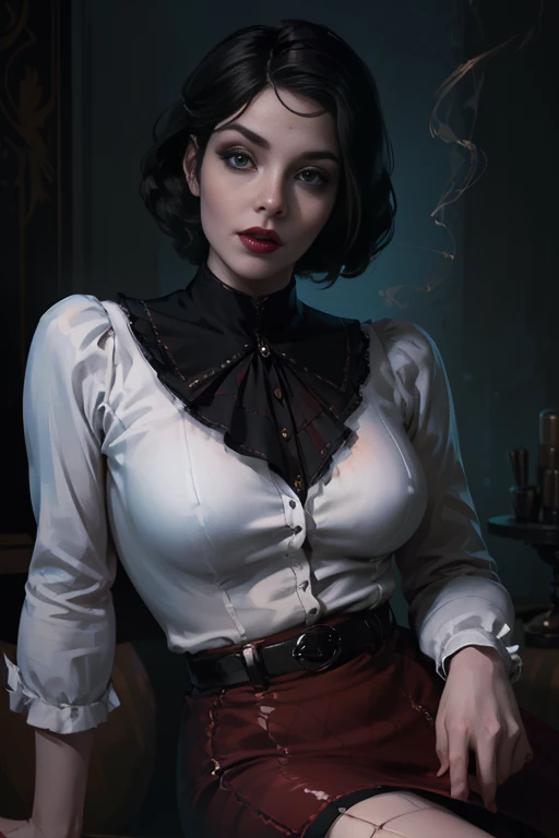 ( there is a woman holding a cigarette in her hand ),( Elizabeth from Burial at Sea ) (realistic:1.5), (fully dressed), ((female in 1950 hair short hair style a white long-sleeved blouse, her bird cameo, a black knee-length tight fitted skirt with a red belt, fishnet stockings and black heels with an ankle strap. Her hairstyle is brushed out pin curls and she wears make-up. )), (long black skirt:1.2) (white shirt:1.2) (masterpiece), (specular lighting:1.3), (hyperrealistic:1.2), (photorealistic face:1.2), (perfect face), (perfect eyeest quality), (there is a woman holding a cigarette in her hand, elizabeth from bioshock Burial at Sea, dramatic smoking pose, epic and classy portrait, beautiful , with smoke, cigarette, bioshock steampunk portrait ), (4k), sharp focus, octane render, best quality, extremely detailed, intricate, fantasy, soft lighting, (curvy:1.3), ( big eyes :1.3), (futanari:1.2), thick eyelashes, long eyelashes, ( slim ), smile, ((1950:1.5)), ( red lips, long eyelashes, mascara, eyeliner, eyeshadow, makeupt:1.3), cosy, looking at viewer, detailed skin , zfuta futanari, (erection:1.4)