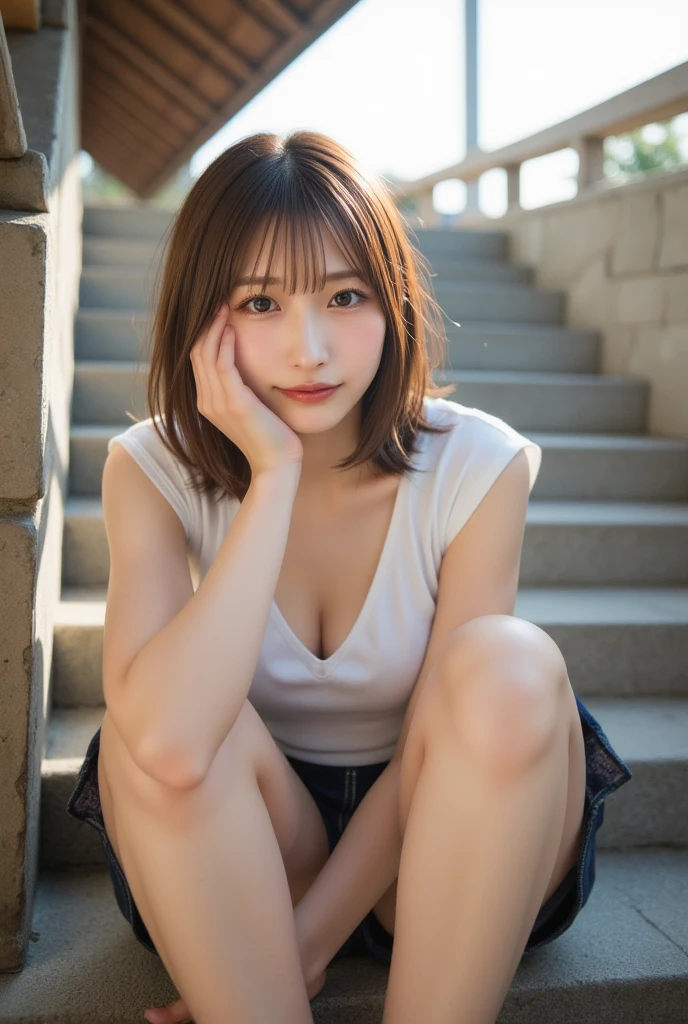 highest quality、8K、No makeup、masterpiece、Ultra-high resolution、Clear images、Professional Lighting、Natural light、A cute boy、Small breasts、Big erect nipples:1.6、Super Slender、Narrow waist、Slender body、Very short bob hair:1.8、Brown Hair:1.8、Beautiful Hair、Thin legs、smile、Sidewalk、Wearing a white tank top、She is wearing a tight black mini skirt:1.8、Squatting with legs spread:1.8、Embarrassing pose:1.2、White panties are visible:1.6、Facing forward:1.8