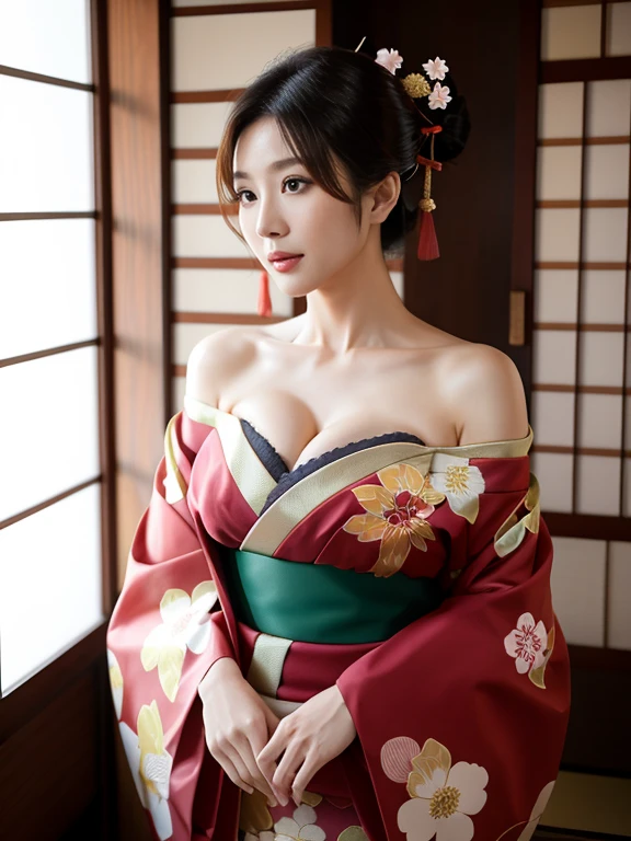 old woman, sexly, breasts, Good, Japanese, Oiran、Mature Woman、tatami、kimono