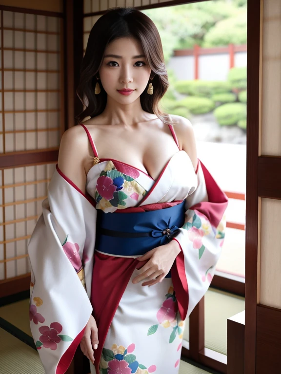 Photorealsitic、the perfect body、Ultra-high image quality、((Ultra-high realistic image quality))、japanes、(Off-shoulder short length floral print kimono:1.6)、(huge-breasted:1.1)、(cleavage of the breast:1.5)、Waist slender、(blondehair:1.3)、(blurry backround)、(grin)、(Gal-style thick shadow eyeliner:1.4)、(Long false eyelashes:1.2)、(Gal Style Makeup:1.2)、Gal style earrings、Gal style bracelet、(Gal Style Cross Charm Necklace、Triple Necklace:1.3)、in poolside、(Thigh up:1.3)、(sexy pose:1.3)