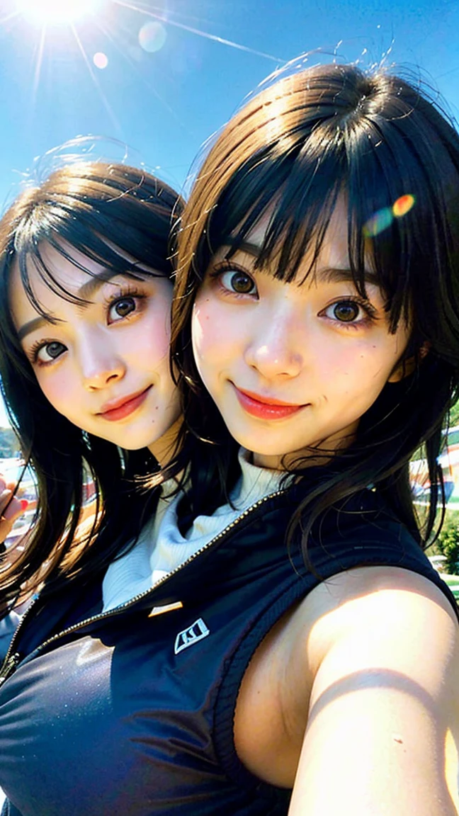 (highest quality,masterpiece:1.3,ultra high resolution),(Super detailed,caustics,16k),(photorealistic:1.4,RAW shooting),ultra-realistic capture,close-up of human skin,natural skin texture,Pores are detailed enough to be easily identified,Healthy skin and even tone,Use natural light and color,18-year-old,Japanese,cute,ski wear,black long hair,Smiling and looking at the camera,big breasts, collarbone, shot from the waist up,(face focus:1.2),upper body,(low position:1.3),(Low - Angle:1.3),(Ski resort),sun,Lens flare,blue sky,conjoined_dicephalus, (two heads:1.3)