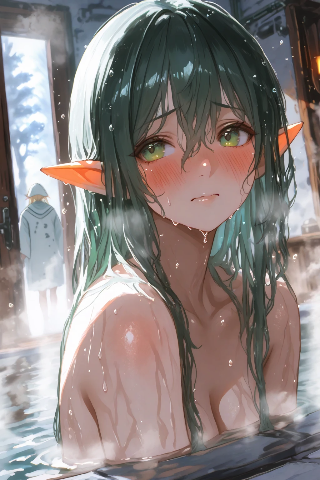Pointed Ears, Green Hair, Green Eyes, short hair, short hair with long locks,  nsfw. large breasts. naked. crying. Heavy snowfall area, Abandoned Hospital, fire. wet solo
