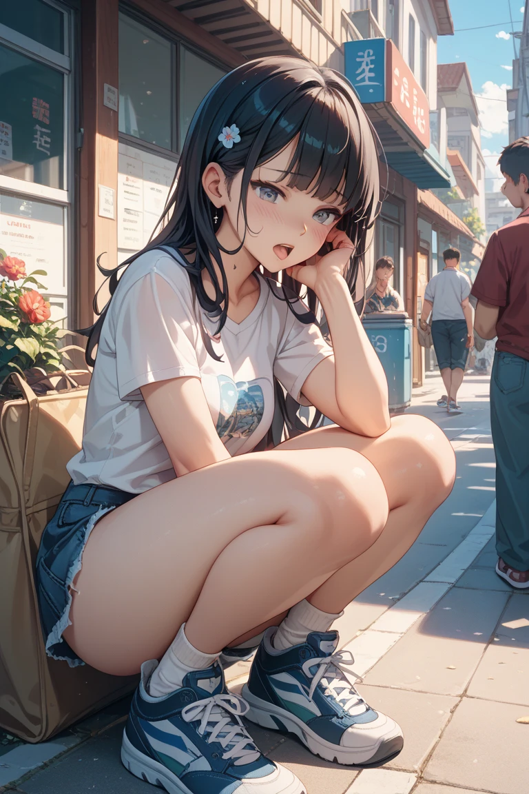 (masterpiece, highest quality), Two Girls, young teen, , (white panties), Spread your legs、smile, blush、eat, sit at a street corner cafe, Rich cuisine, City Street, blue sky, Vibrant colors, bright, white, watercolor、Denim mini skirt