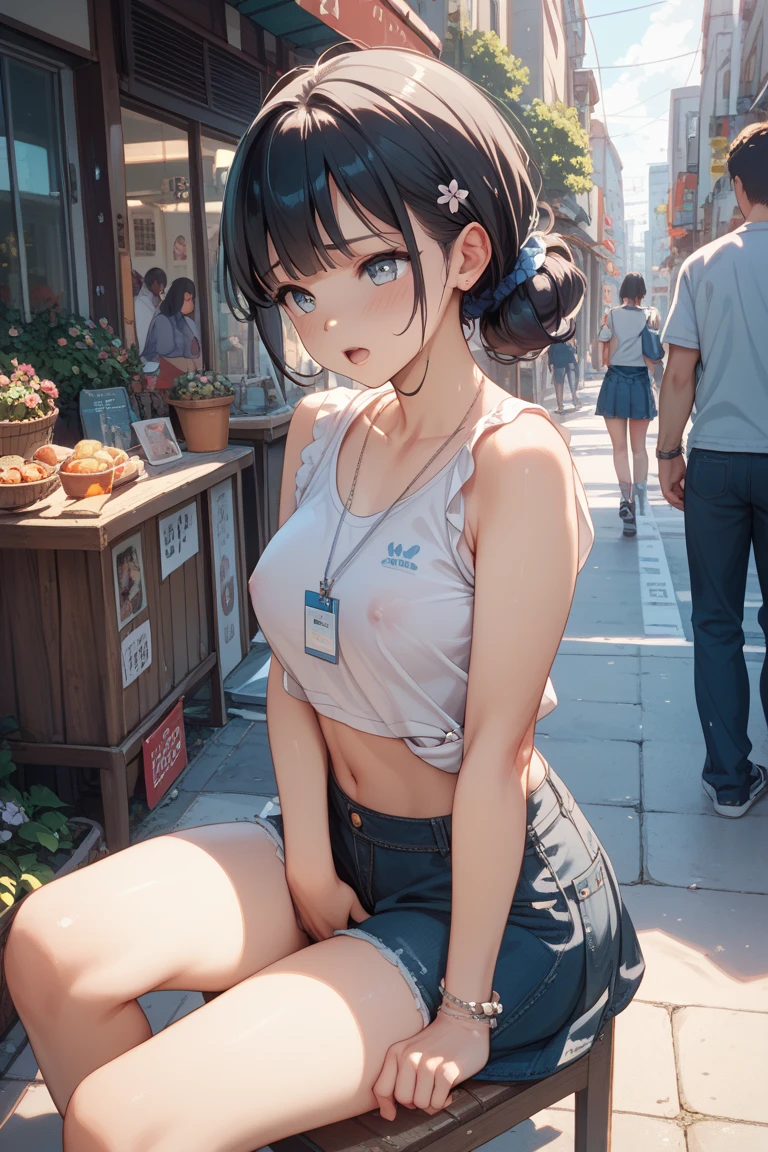 8k, High resolution, ultra detailed、最high quality,、high quality,masterpiece,detailed, High resolution,、nsfw、Browsing Caution,One girl、woman、Beautiful Face、eyelash、Blunt bangs ponytail、Glancing sideways、((blush:1.5))、(Very embarrassed look:1.4),Watery eye、Troubled eyebrows、Ecstasy　、((Lips slightly open:1.5))、Half an eye,Big Breasts,clavicle,Abdominal muscles,detailed skin,Tan Lines,Knee-high ,、(Erect nipples visible through clothes:1.2),,Pull up your denim miniskirt、Pulling on low rise pantieasturbating under her panties:1.5))))、Fingering、Masturbation, Cafe ,((A customer sitting on a chair　A large number of people))、Dynamic Angle、,,、dramatic , 3D, blush,、(、Semen from pussy、Fingers in pussy