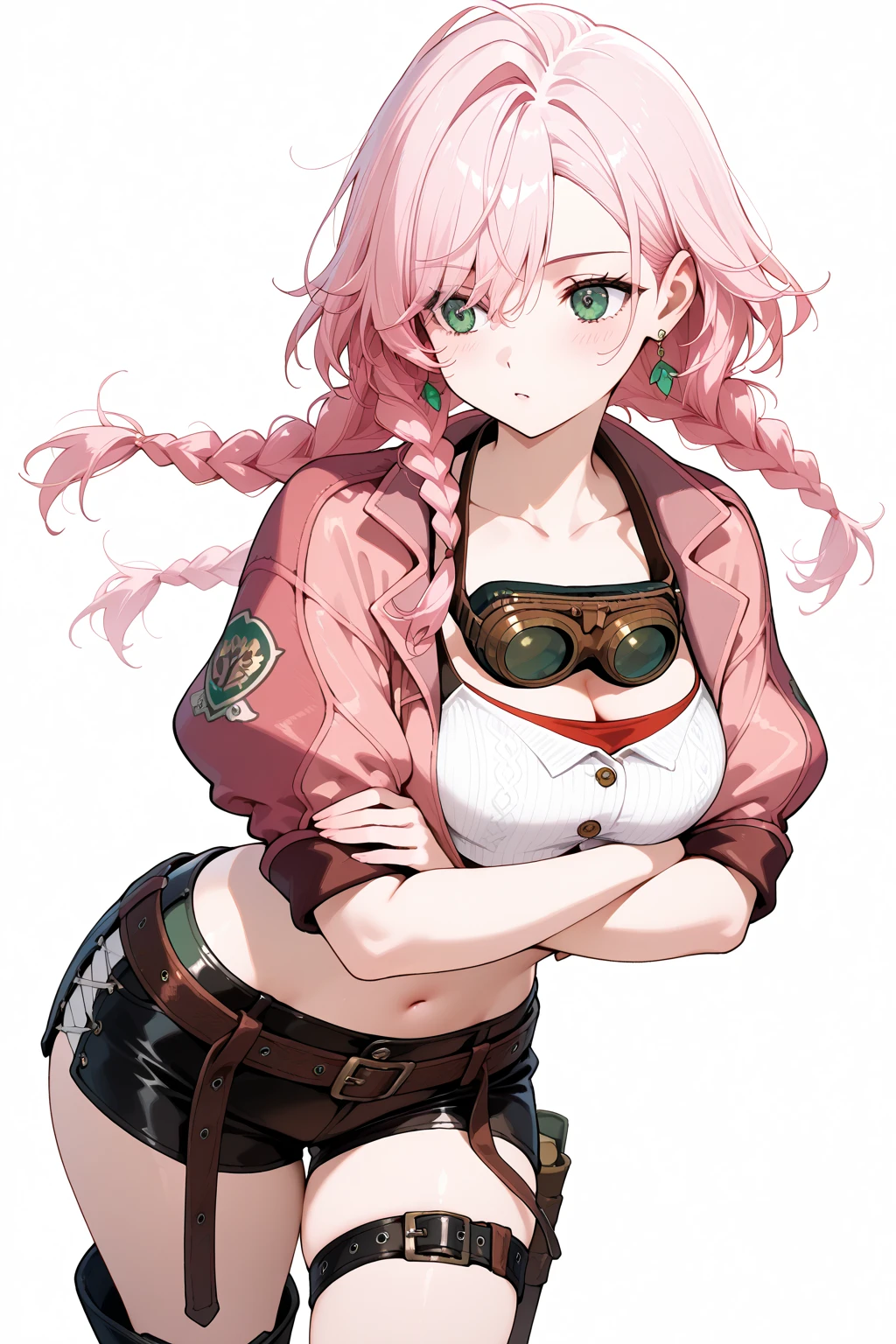 masterpiece, highest quality, High resolution, 1 girl, ticker, long hair, big breasts, race_Queen,pink leotard, Jacket, embarrassing,closed mouth, field,