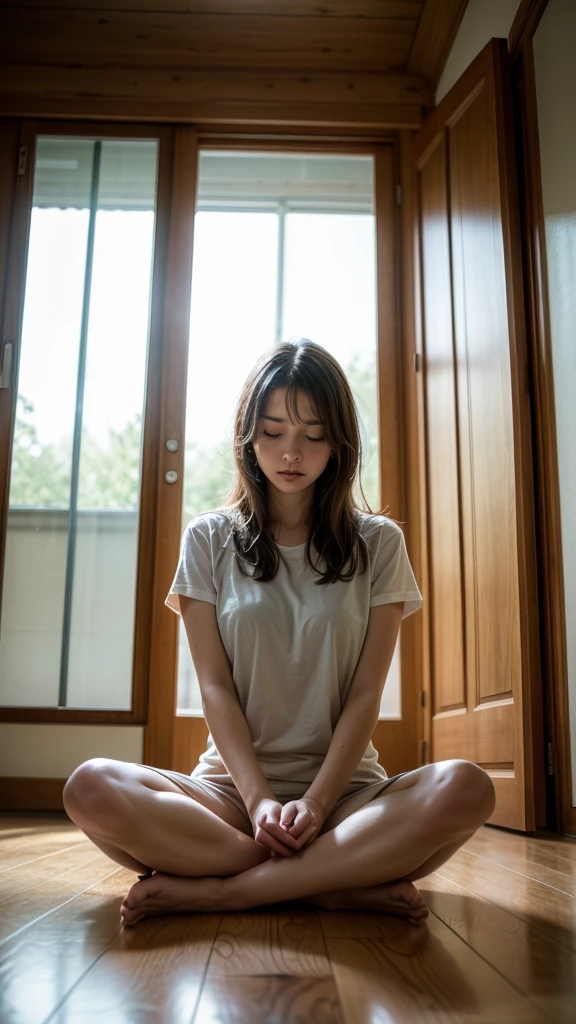 A 22-year-old Thai woman with a calm face, no tightly closed eyes, big dark eyes, a high-bridged nose, short hair, wearing a light and comfortable white dress with an off-shoulder design and a diagonal sash, sitting in a meditation pose with eyes closed, back straight, facing forward, arms resting on her lap, on a plain white background, in a relaxed atmosphere, without makeup, in a meditation sitting pose with both hands on her lap, sitting on a white carpet in the white room