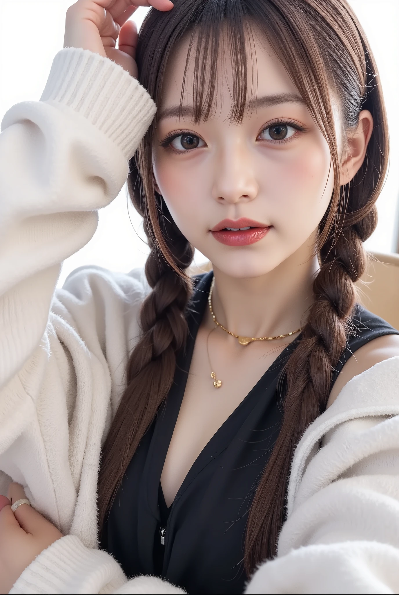 ​masterpiece、top-quality、超A high resolution、(photographrealistic:1.4)、((1girl in、White fair skin:1.4、looking at the viewers、Cowboy Shot、spotless、cute little、The long-haired、A dark-haired、Light Brown Fringe Hair、Braided hair、disheveled hair、Light brown eyes、、short hair with bangs、bursting milk in the same way))、(School Uniforms:1.5), (wearing a beige knitted sweater over a white shirt,,,,,,,,,,,,,,,,,,,,,,:1.5), (Red bow:1.3), (Plaid pleated skirt:1.3),(A smile)、High detailed eyes、(((‎Classroom)))、long neck、(((short hair with bangs)))、Lashes、(((natural soft light、gazing at viewer、Entice your audience、爆乳、Highlights in the eyes)))、[(Hassleblad H6D-400c)], [(Medium format image)],[(dream-like)],[(400 mega pixels)], (Photorealsitic:1.4), (Raw photography:1.2), (8K), (​masterpiece:1.3), (realisitic), (A hyper-realistic), ultra-detailliert, illustratio, very_high_Realistic:1.5 ,very_high_resolution:1.5, nffsw, nffsw, Unity, 8K Picture Wallpaper, astonishing、finely detail, Official art, Highly detailed ticker Unity 8k wallpaper, (top-quality), incredibly absurdness, ultra-detailliert, Light on the Face, cinematric light, 电影灯光, Professonal lighting、photon maping、Radio City、physically-based renderingt、solofocus、foco nítido、 hight resolution、ighly detailed、extremely delicate and beautiful、intricate detailes、face muscles、a beautiful detailed girl、Natural makeup、extra detailed face、looking at away、(爆乳:1.55)、(Emphasis on the chest:1.3),(Put your face on the desk:1.5、Beautiful woman lying on desk:1.5)、(Simple necklace in silver color:1.5)