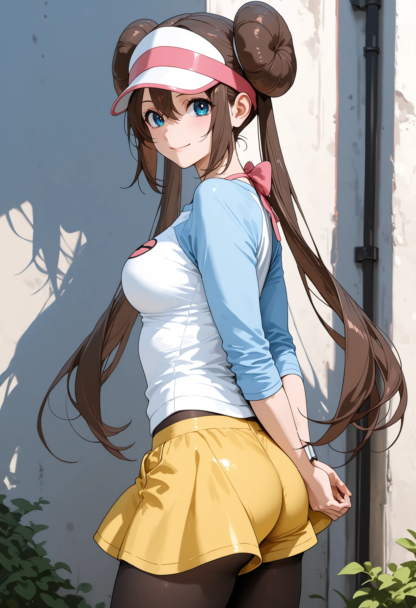 score_9, score_8_up, score_7_up, nh, 1girl, solo, smile, arms behind back, outdoors, rocks, rosa, brown hair, double bun, hair bun, blue eyes, hair between eyes, twintails, pantyhose, pantyhose under shorts, raglan sleeves, yellow skirt, white shirt, blue sleeves, visor cap, looking at viewer, cowboy shot, ass, at side, medium breasts