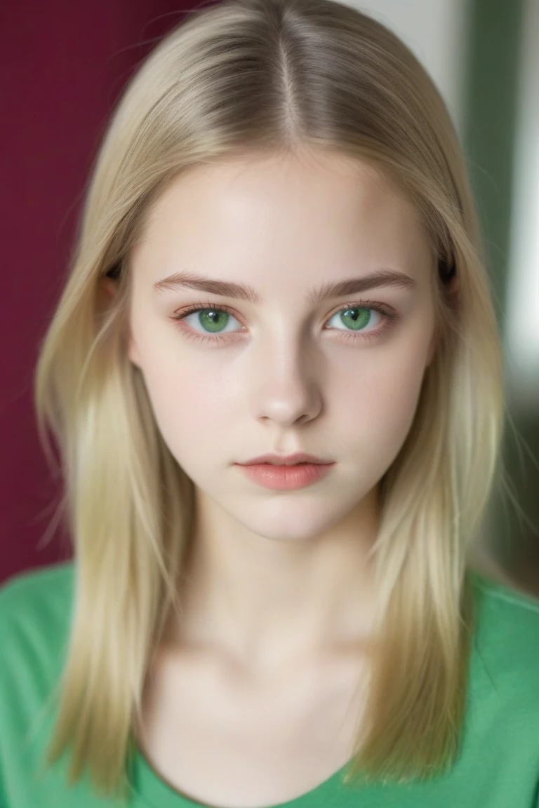 KIDS GIRL vampire blonde HAIR BUN green clothes. and candles, green light candles., GREEN BACKGROUND banished of sin