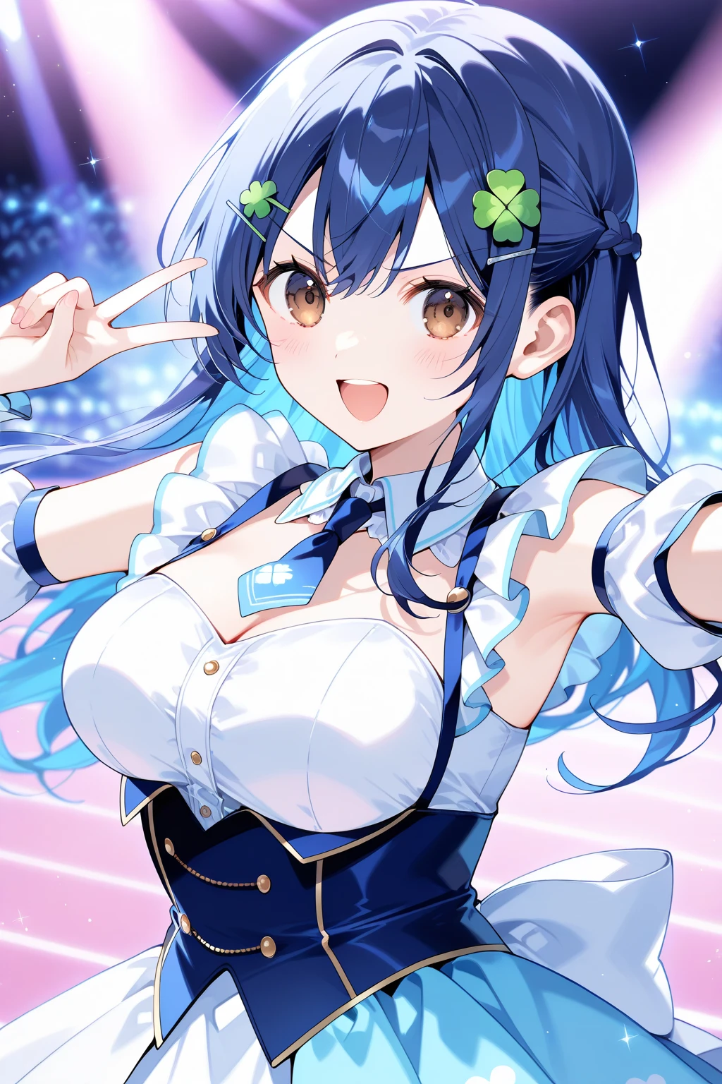 todoshizuko, purple hair, ponytail, hair ribbon, long hair, blue eyes, makeup, 15years old,, large breasts,, Live Stage, solo micro bikini