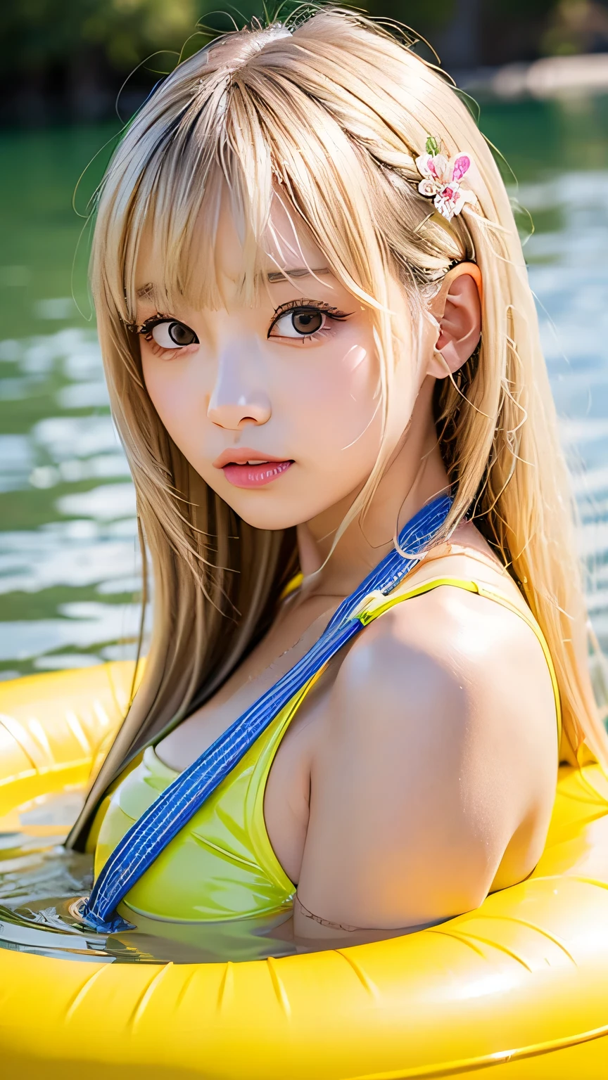 (((Very heavy chest))),Browsing Caution, 16k raw photos, Highest quality, masterpiece, Ultra-high resolution, ((Highly revealing黒色のレースの下着姿)).movie, 1 girl,((Attractive look)),Eyes sparkling、 Looking at the audience, 自然な肌の質感Very heavy chest))),((( Blue ribbon around neck))).Star Handle、((Yellow Eyes)),Realistic eye and facial details, Lip, Lipstick Makeup), princess cut hair, 美feet, Tall Woman, ((Glowing Skin)),((美しいUnderarm)), slim_feet, Cleavage, Beautiful natural place、(Detailed Background,Highly revealing, Huge breasts, JK ribbon around the neck, bracelet, water, bangs, Split Lip、Underarm、Beautiful hip line、Glowing Skin、(((Eyes sparkling brightly))),Lotion Skin、High Leg、((blonde、blonde)),Highly revealing、Beautiful sea background、Wind effects、Posing on a luxury cruise ship、bangs、braid one's hair、large floral ornament on the head,、