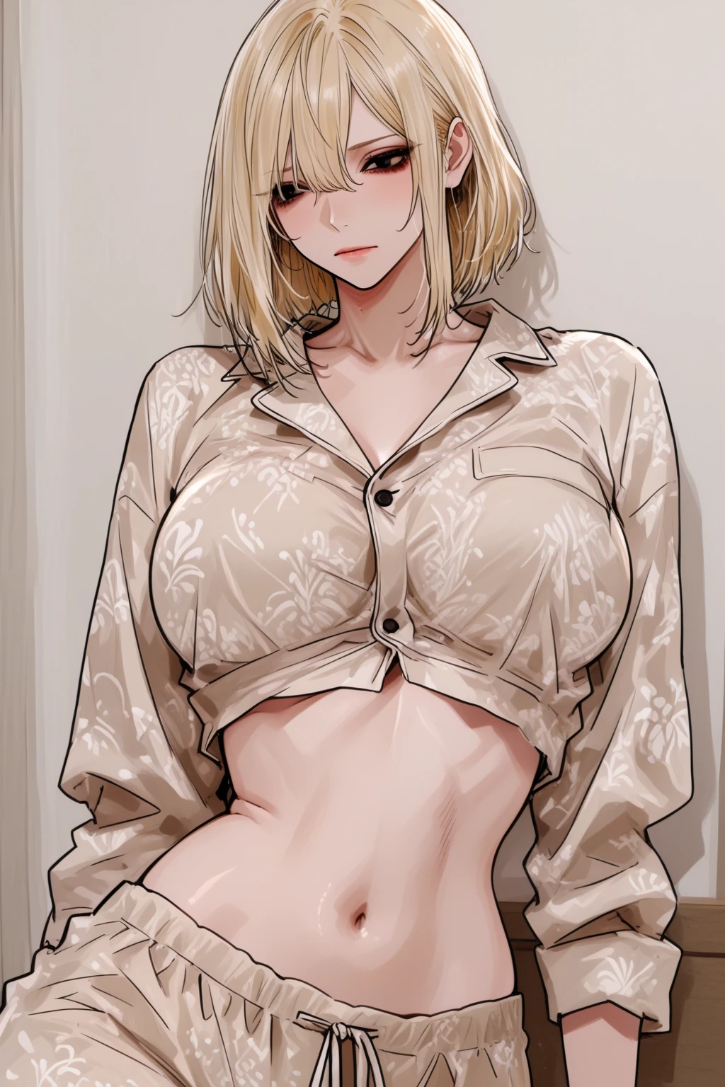 score_9_up, ((adult)), (Dragon:1.2), (female), Dragongirl with Center parted shoulder length hairstyle, An eye mask that covers the eyes with fine embroidery, Tops with a zipper that shows your stomach, trousers, thigh visible, show legs apart