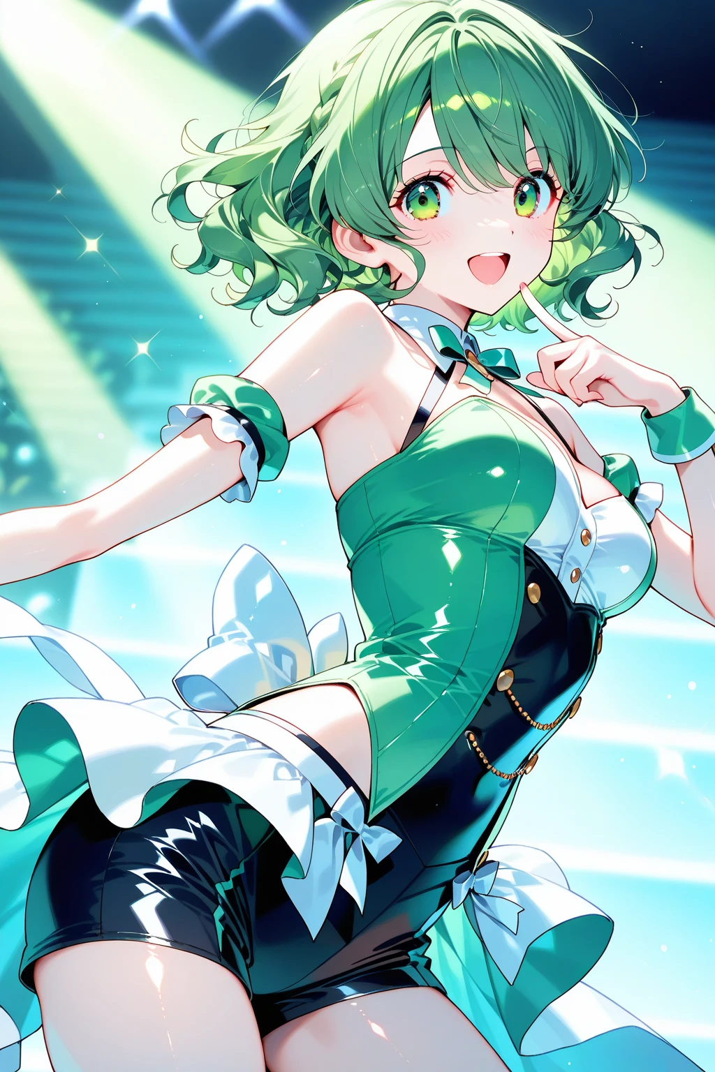 masterpiece, best definition, ultra high definition, ultra high definition, 4K, 8K, best definition, female idol singing and dancing on sparkly stage (cat girl, short green bobb hair, green eyes)