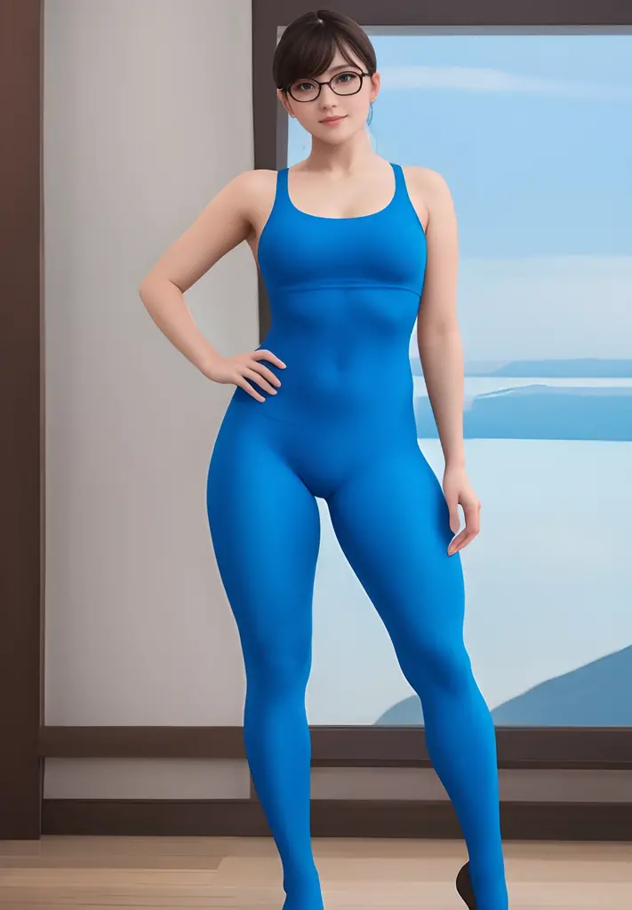 ((((Full body image of a woman standing with legs apart)))) ,rather thick body shape,High Leg Tube Top,high-heels,Shorthair,eye glass, ((((Please wear light blue tights all over your body..))))、((( Man hugging)))、sexual harassment