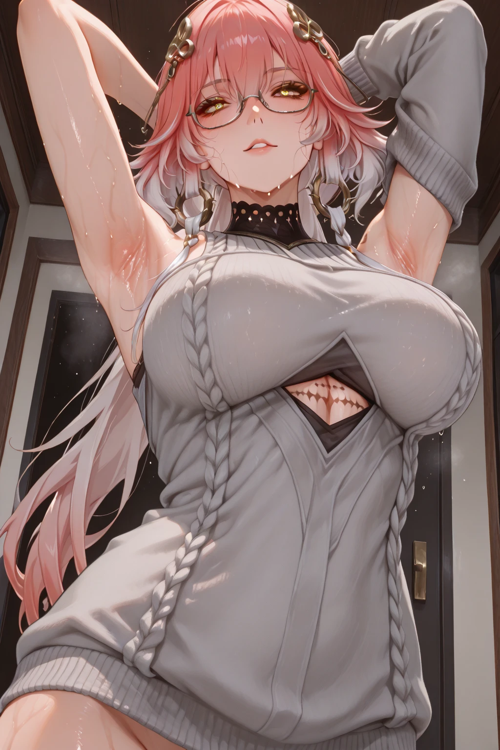 Perfect, masterpiece, (best quality, highres:1.2), 1girl, beautiful detailed eyes, beautiful detailed lips, extremely detailed eyes and face, long eyelashes, medium:oil painting, vivid colors, HDR, studio lighting, ultra-fine painting, sharp focus, physically-based rendering, extreme detail description, portraits, ((organized fingers)), curvy body, big breasts, perfect shape, facing viewer, sweaty, gorgeous, ((arms up)), sleeveless turtleneck, straddling, smiling