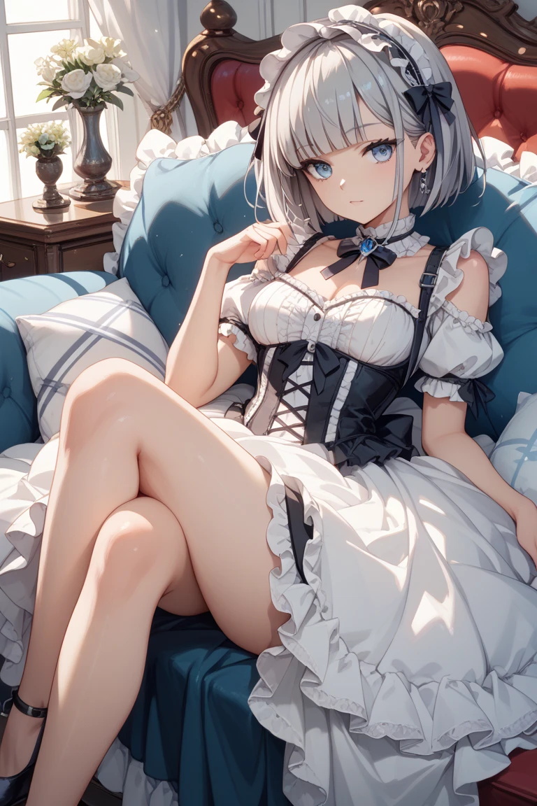 (masterpiece, highest quality, highest quality,official art),(mature woman:1.3),(attractive woman made),((masterpiece, highest quality))、8K、one woman、（(30 years old)）、((silver hair))、long hair、messy hair、attractive woman、blue eyes、Big eyes、sparkling eyes、Beautifully drawn eyes、smile、small bust、Black Gothic Maid、((white headband))、(look back)、(Knee to head:1.3)、Entrance of a luxurious house、aerial perspective、pure、transparent、Light、Light、Light、