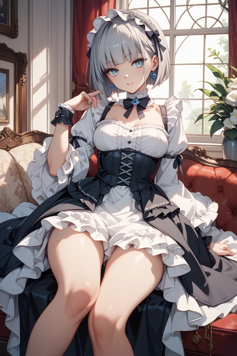 top-quality、high-level image quality、Super delicate、The whole picture、Beautiful girl with fair skin like a doll、Light gray hair、Braided half-up short hair、Peach-colored eyes、Red ribbons、long lashes、big eye、Dark look、Straight face、Moderately large breasts、Sexy adventurer costumes、Active、Exposed chest、garterbelts、Brown boots、High exposure、痴女、In the street