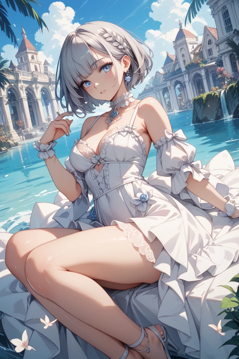 super high quality, with a girl, 20-year-old, very short hair, long bangs between the eyes, gray eyes , blue sky, sunlight, very detailed,(masterpiece、highest quality)、alone、gray hair、fantasy, silver hair, black eye, beautiful eyes,, , charm, be smitten with audience, fantasyな風景、flower garden、white clothes、Princess、kiss face