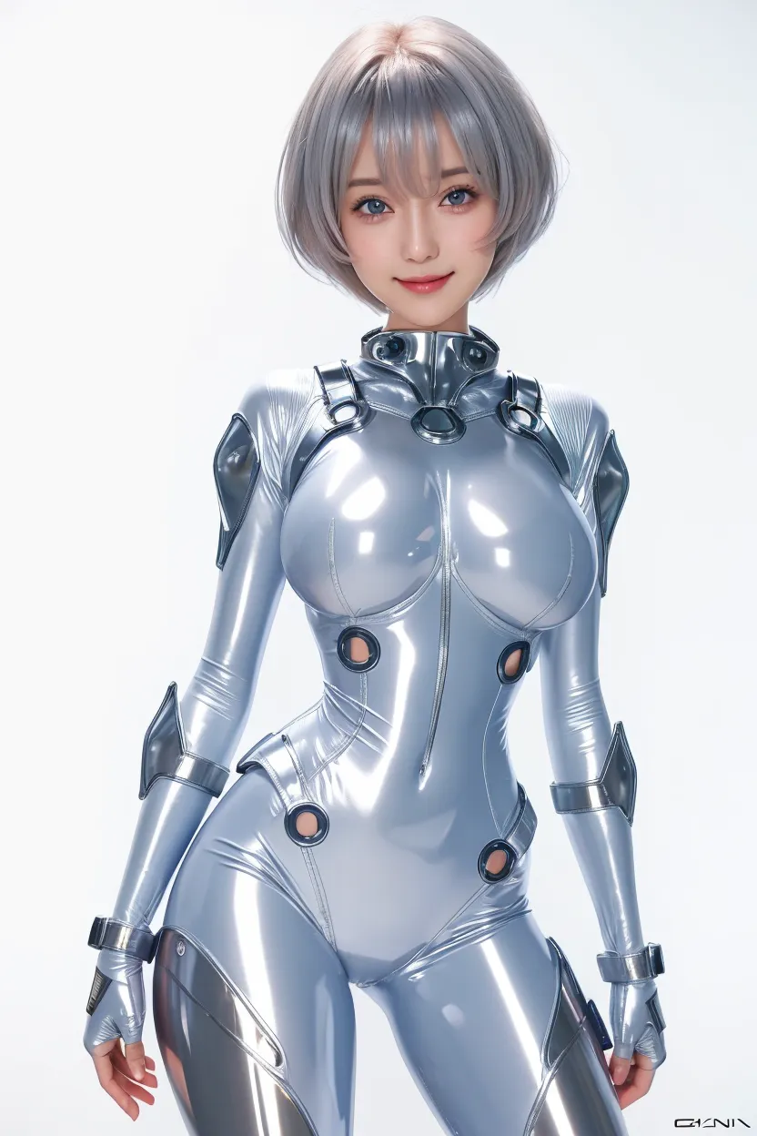 Masterpiece,NSFW1.1,((Whole body:1.1))))), (Realistic),Photos, Best Quality, 1 female,((Tall:1.1))),Ear fold,(((Rei Ayanami, Plug Suit 00:1.1))),((Red Eyes,Beautiful Face, Beautiful Eyes:1.1)))), (((Cute Face)), Wet Eyes, Face,Detail Face, Detail Lips, Detail Eyes, (Thin and Sharp Pale Eyebrows :1.1 long eyelashes), double eyelids, (seductive smile), (gentle expression, fleeting expression))),(turning around pose), sexy buttocks, (pearl-colored rubber suit with strong metallic luster and smooth surface), ((((of (sexy tight metallic shiny pearl-colored latex suit)))), (two thick black lines from thighs to buttocks: 1.1))), ( Movie lighting: 1.1),From below,(upright),(camelt),(sleek body line))), pale short hair,(pale thin eyebrows))), beautiful hair,(big round breasts)、small logo pattern on the chest is zero:1.1,mech suit、thin long waist、white skin、advanced cyberpunk research facility,(Magnificent midnight starry sky in the background: 1.5, grand big full moon in the background, spaceship in the background )))), (face and eye details: 1.1), loneliness, blushing, (shy pose)), very delicate and beautiful girl, standing, (posing with both hands on it)),(((legs closed pose)), (to8 contrast style), small egg-shaped psychosensory device on both sides of the head