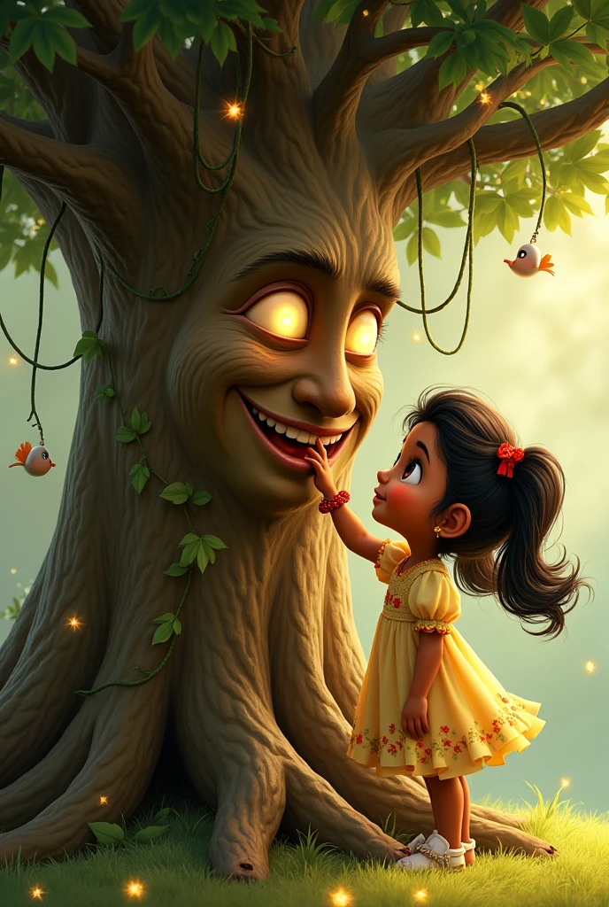 Close-up of the magical tree’s:Massive, wide trunk with textured bark resembling a gentle face

Subtle glowing eyes and a curved bark-like smile

Branches twist playfully with dangling vines and soft glowing leaves

A few small birds nest in the upper branches  smiling face, its bark forming a curved, laughing expression.
Laila, a 5-year-old girl with:

Light brown skin

Thick, wavy dark brown hair in two short pigtails tied with red ribbons

Big hazel eyes and a dimpled smile

Wearing a light yellow frock with puffed sleeves and floral print

Small gold studs in her ears, red beaded bracelet

White sandals with red flower straps, is poking the tree gently with one finger, her eyes wide in surprise and delight.
The background shows sparkling light filtering through the tree canopy.