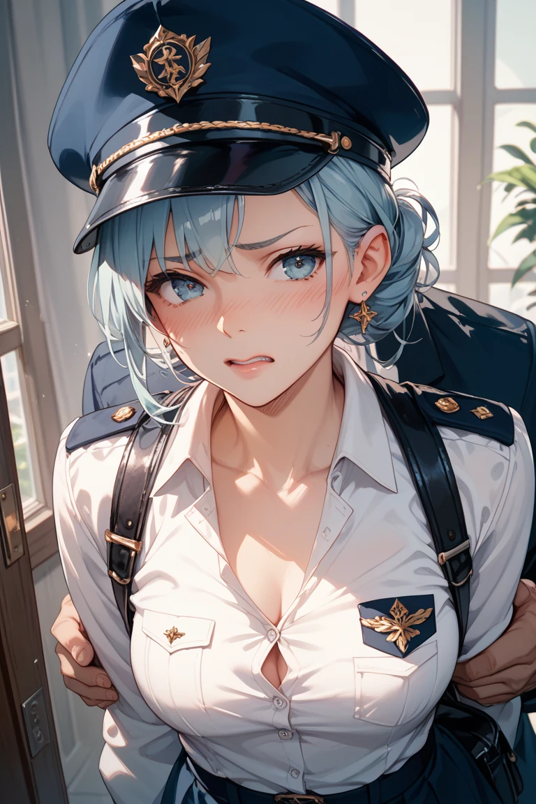 nsfw,1 girl,(White light blue hair), blue eyes,Masterpiece,best quality,very aesthetic,absurdres,militarycap,bra,panties,masterpiece,best quality,very aesthetic,absurdres
