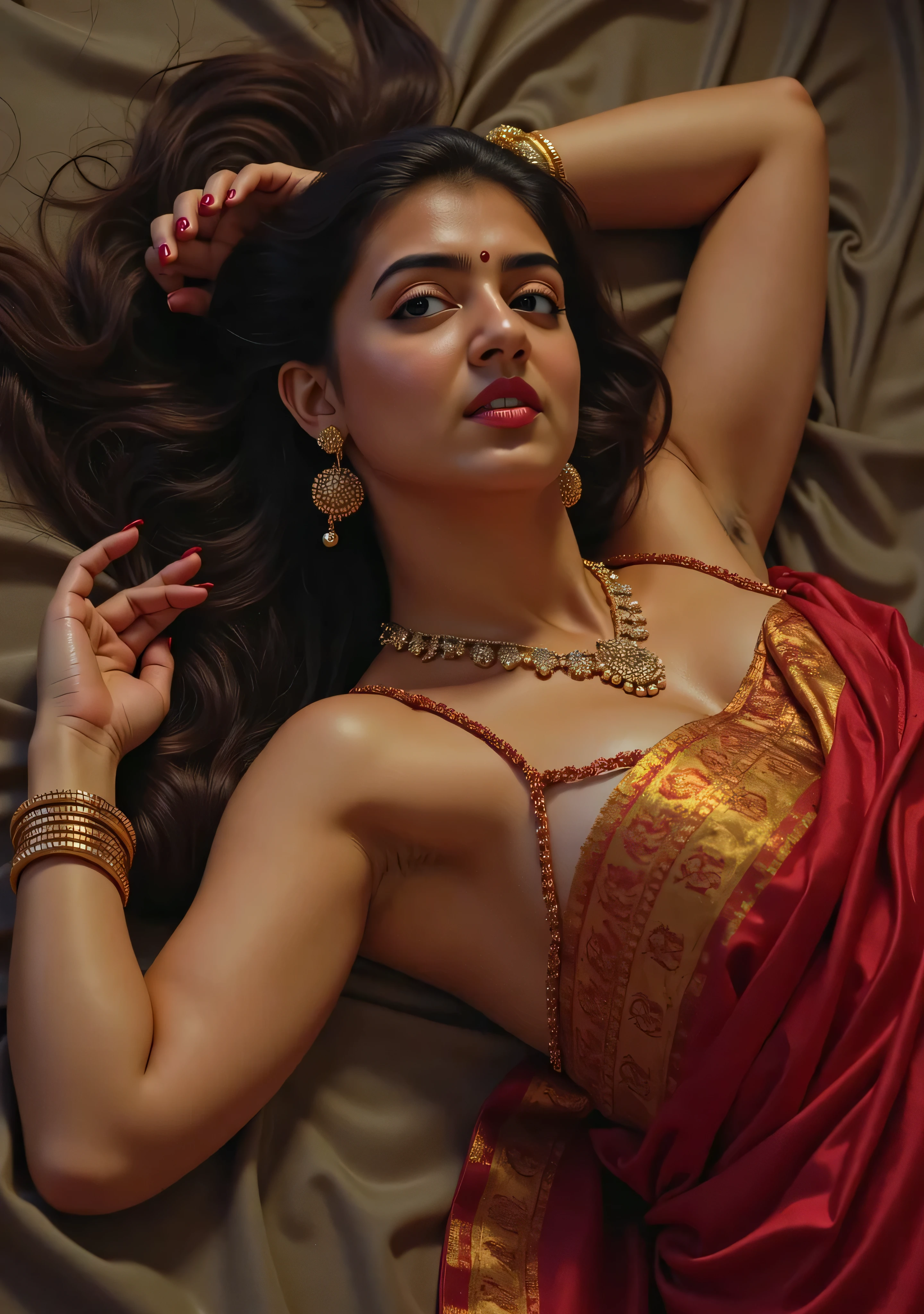 Full body image young married wife, lying in bed, In a dim warm light setting a naughty and curvaceous light white skin tone 25 years aged woman, wearing a deep red and gold messed up elegant silk saree below waist, no blouse, naked bare big breasts spread to the sides with brown aereola and pointy nipples and intricate jewelry gold bangles and a red tiny bindi between her eyebrows lady wearing a thin and long necklaces made of gold. The overall style of the jewellery is traditional, her expression is her mouth open in an expression of shock, lady is looking and camera tearful light brown eyes with messed up eye mascara smudge. lady laying on bed with her stomach and breast visible, hands above head, she is sweating and looking hot like a star. cinematic, cinematic lighting, beautiful face, neat long hair, small bindi between eyeyebrows, mild red lips, pretty and cute, gold necklace, gold jhumka earrings, gold bangles. from side UHD, retina, masterpiece, accurate, anatomically correct, textured skin, super detail, high details, high quality, high res.