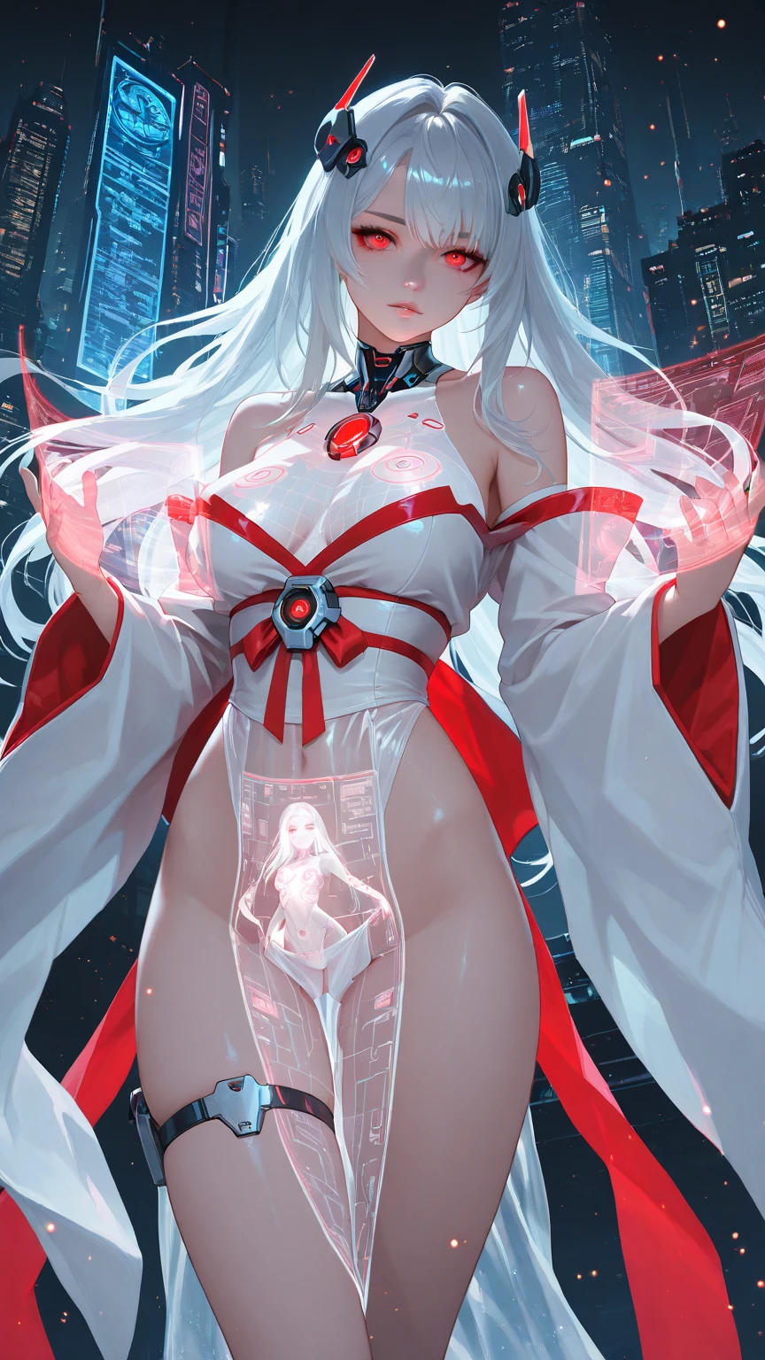 Highly detailed, High Quality, Masterpiece, beautiful, (EnergyVeins:1.5), <lora:EnergyVeins:1>, solo, cowboy shot, Nikusa, colored inner hair, pink colored inner hair, red eyes, white hair, huge breasts, <lora:Char_FNF_Nikusa:0.7>, nude