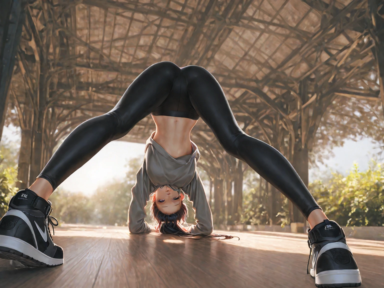 beautiful woman, 35 years old, short shoulder length hair (bob), pale white skin (highly detailed), bright blue eyes, perfect body, makeup, red lips. Autumn is dressed in a snug-fitting yoga outfit that highlights her curves elegantly. Her choice includes a sleeveless white yoga crop top that accentuates her flat stomach and showcases her chest beautifully. Also she wears deep forest green leggings that hug her figure, adding an enchanting touch to her ensemble. The serene autumn forest provides the backdrop for this captivating scene, with colorful leaves carpeting the ground, embracing the natural beauty of the season. Situated beside a tranquil stream, the location exudes peace and harmony, its gentle flow complementing her yoga practice. Natural light filters through the foliage, casting dappled sunlight on the scene, creating an atmosphere of serenity.
Autumn gracefully arches her back from an all-fours position on a grey yoga mat, subtly revealing her captivating silhouette beneath the formfitting white top. Her intense look and meticulously applied makeup enhance her photorealistic appearance. Symmetrical eyes and a symmetrical face add to the visual allure. The scene is captured through path tracing, with specular lighting and volumetric face light emphasizing every detail. Her hair, meticulously path traced, creates visible shadows that contribute to the overall intricate and hyper-realistic aesthetic.
In one pose, Autumn is on all fours, back arched to perfection. Her chest, barely contained by the white yoga top, is prominently showcased, creating an alluring visual. Another pose captures her in a graceful downward-facing dog, her form impeccable, and her curves highlighted in the forest's gentle glow