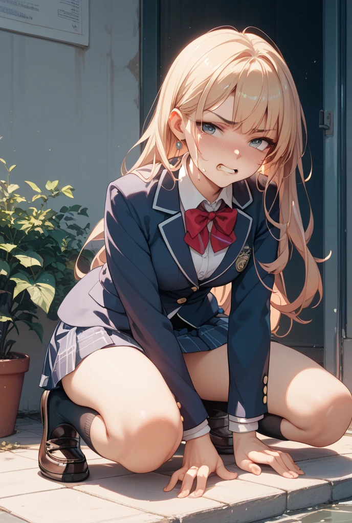 (((night,真night中))),((Perfect Anatomy:1.2,Realistic:1.3,Raw photo:1.3,masterpiece、highest quality、Ultra - High resolution、High resolution、Extremely detailed CG、8k)),Cowboy Shot,((attractive way to sit)),((((Crouching pose)))),1 female,alone,18-year-old、High school girl beautiful girl,Japanese,((Beautiful and exquisite face and eyes:1.2,Big beautiful eyes:1.3,)),((Beautiful woman))、Blonde,Long Hair,(Center parted hair:1.4,amount),Medium chest,((slim body)),Small Head:1.3,skinny,(Brown Skin:1.4),(Oily skin,Glowing Skin,Shiny skin,Sweat:1.2),(school uniform、Dark blue blazer jacket、Checkered pleated mini skirt),Dirty back alley、Tokyo、((Turn your body forward))、((((show panty)))),(lonely),((Feeling melancholy))、Stick out your crotch、(sad)、(Apathy)，(Lucky)、((Expressionless))