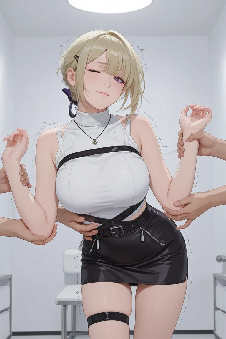 raw, analog style, a sincere, beautiful woman, (smiling), Brown eyes, short blonde hair, wearing a black transparent top, sexy black leather mini skirt, at the disco, standing dancing, surrounded by men, big breasts, Soft lighting, evening, cozy (seductive look)