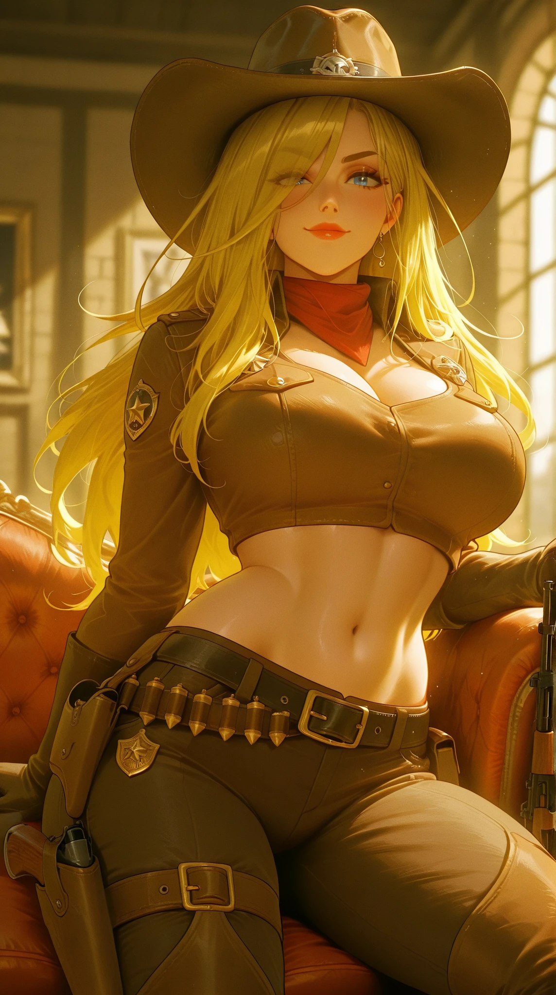 NSFW、top-quality、Top image quality、8K picture quality、girl with、1 persons、full body Esbian、blonde hair、Short、brown cowboy hat、A smile、Embarrassing、red blush、Blue eyes、Slightly sagging eyes、((Yellow scarf around the neck))、Colossal tits、(Dark blue latex)、High Neck Leotard High Leg、Beautiful thighs、(Black latex)、knee high、(Brown enamel)、long boots、(pin heels)、White enamel gloves、((Gun belt at waist))、Riding at the station、Wasteland、