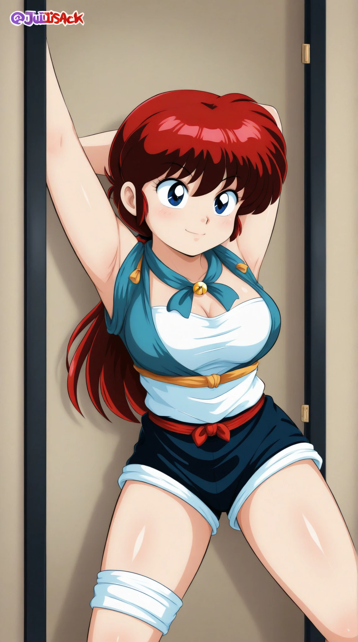 RanmaChan, cabello rojo, Cabello con trenza, ojos azules, ojos detallados, cuerpo completo, pose open door