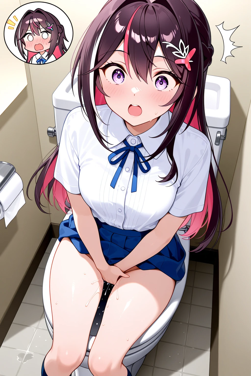 (1 tiny girl, girl with anatomically perfect body, ultra detailed hands, Perfect hands, ultra detailed face, cute eyes, pale skin, detailed pussy:1.1), (Fit and flare long dress, glasses, panties pull aside put out pussy), (have to pee, strong need to pee, couldn't hold pee, couldn't stop squirting and peeing, sweat:1.3), (transparent great forcefully squirting and peeing from pussy:1.5), (erotic twist of the body:1.2), (noon, clear skies, takes to the toilet, crouching on the eastern-style toilet bowl:1.2), (blush, embarrassed, breathless, pleasure, ecstasy, climax, half-closed eyes, head tilt, looking away:1.2), (closed month:0.9), Best Quality, strong light coming in, worm's eye view from her foot, nsfw