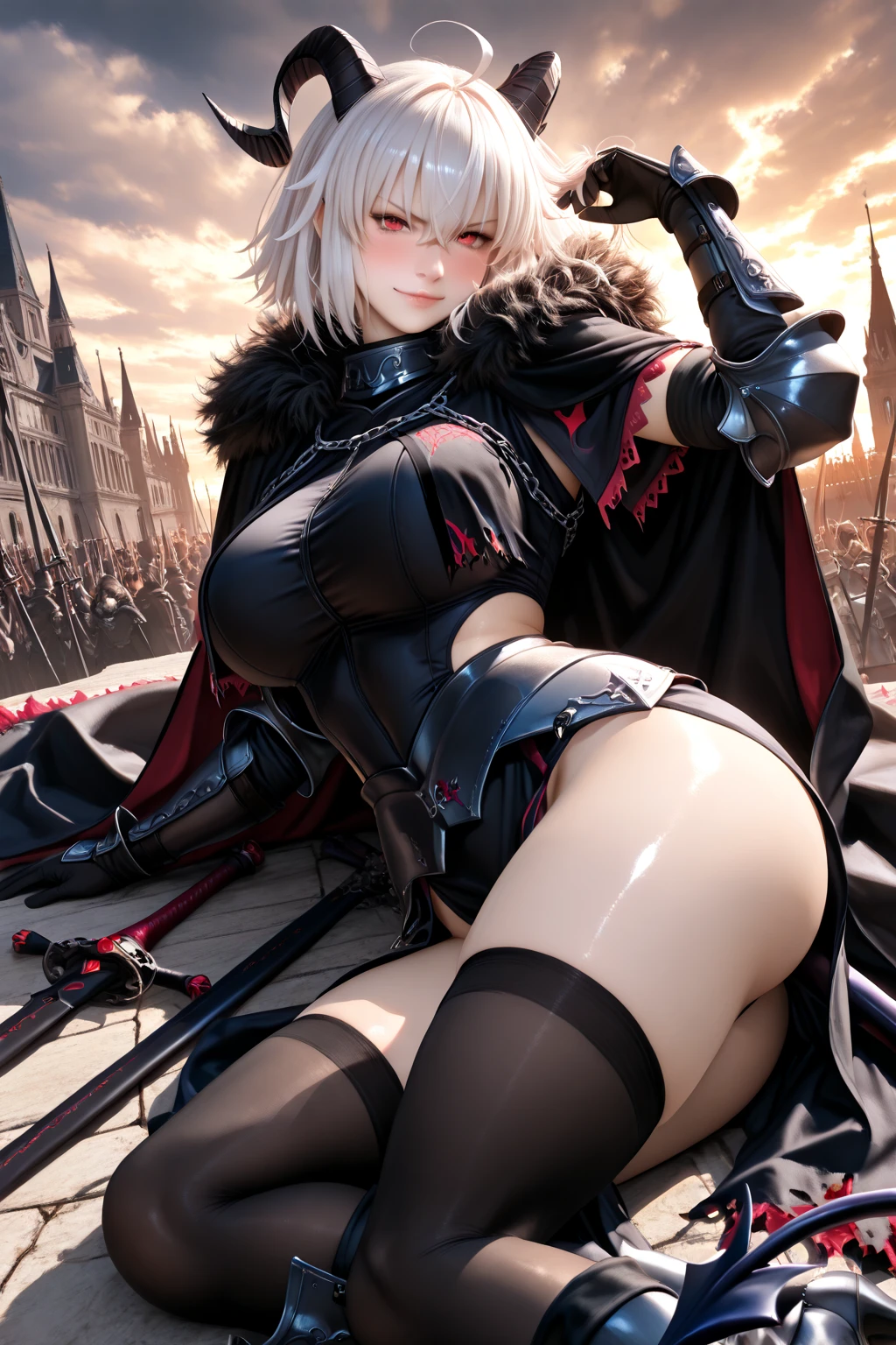 (4k quality), sexy and slim elf, torn clothes, long and sexy socks, showing ass, sexy pose, detailed short white hair, detailed red eyes, best quality, expressive eyes, perfect face, with a magic wand, only 1 character