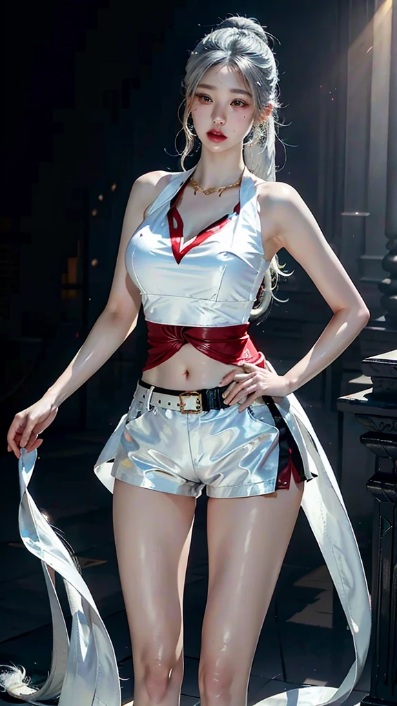 full-body close-up, create an elegant atmosphere), white short skirt, white hair shawl, graceful flowing, elegant movements, lustful smirking smile expression (red blush), floating in the air, (1girl), slim figure)
